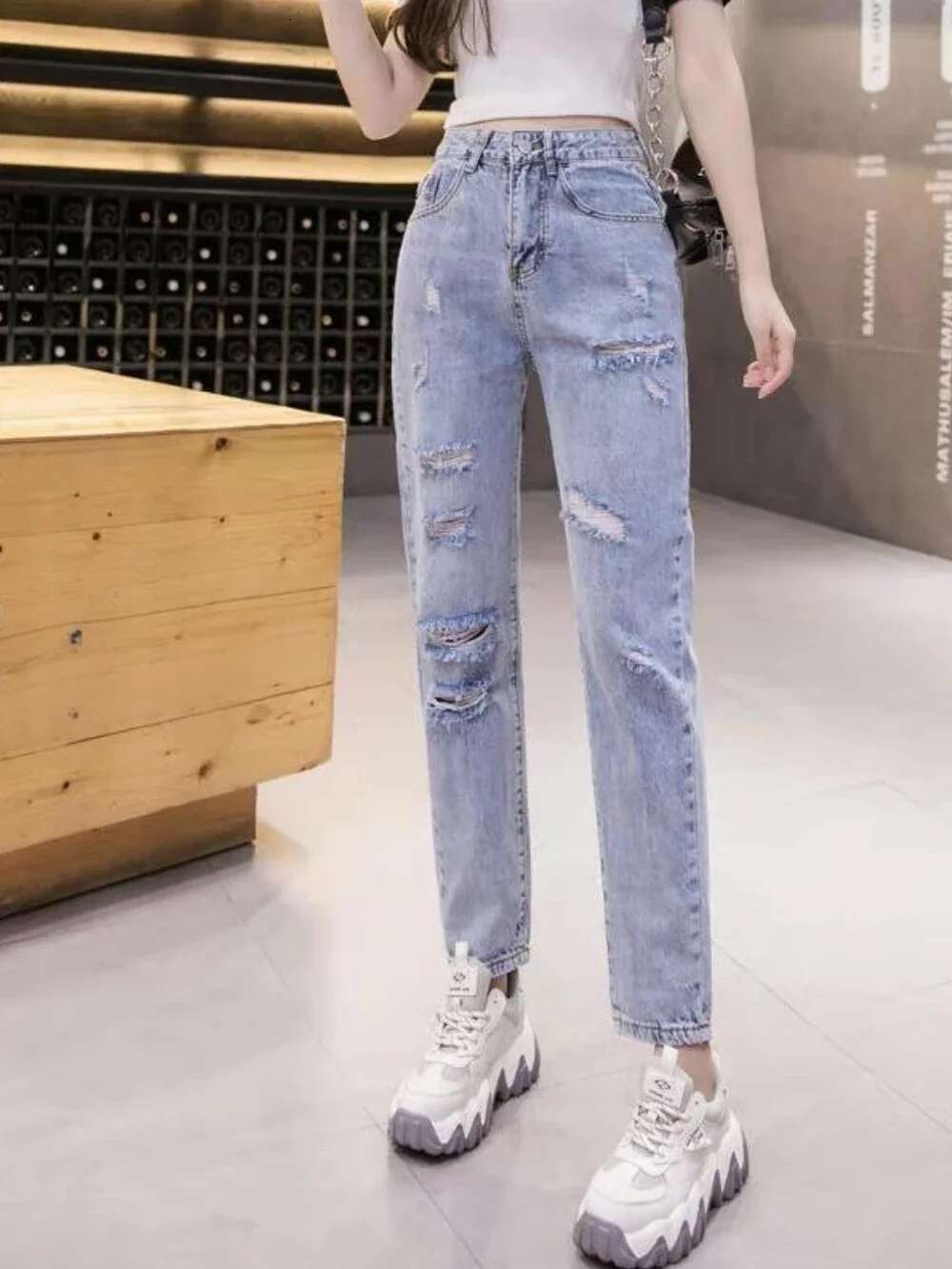With Holes Womens Jeans Loosefit Female Cowboy Pants Korean Popular Clothes Vibrant 90s 2025 High Quality Shiny Cheap Trousers