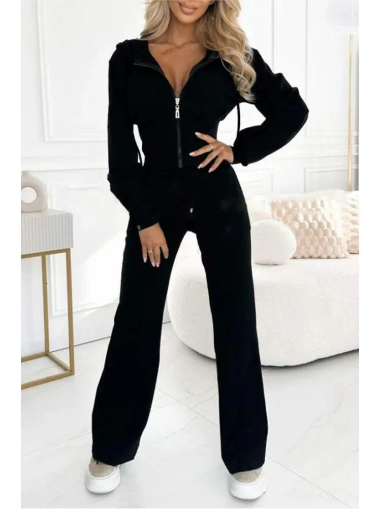 Autumn And Winter Hooded Zipper Jacket Tight Solid Color Two-piece Sets Women Fashion Casual Wide Leg Pants 2 Piece Set 250614
