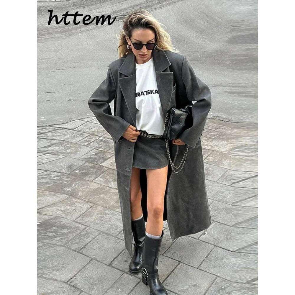 Fashion Women's Leather Trench Coat Loose Lapel Single Breasted Full Sleeve Overcoat 2024 Autumn Winter Lady High Street Coats