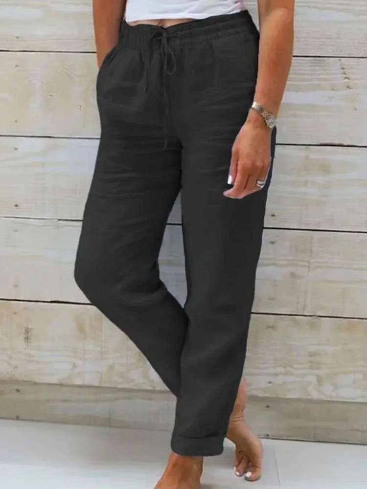 2025 Cotton Linen Summer Pants Women High Waist Elastic Casual Trousers Fashion Streetwear Breathable Female Loose Pencil Pants 250616