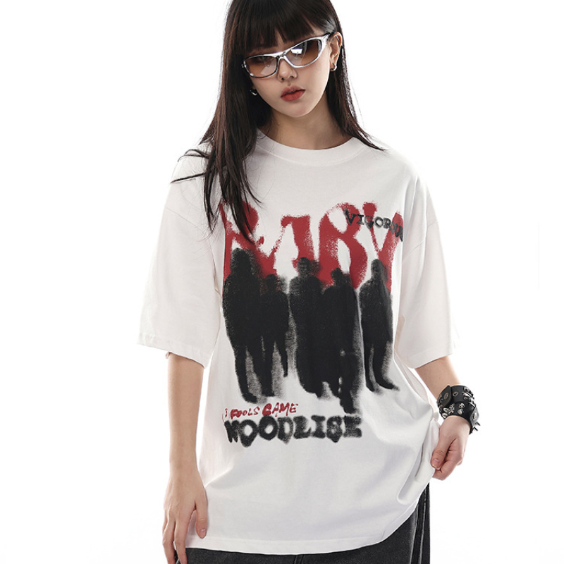 Vintage American Style Cotton Short Sleeve T-Shirt for Women Breathable Casual Summer Streetwear Couples Hip Hop Top Trendy Loose Fit