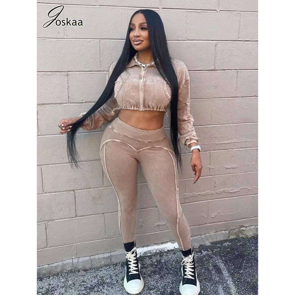 Joskaa Ribbed Patchwork Gym Set Women Casual Long Sleeve Zip Crop Tops and Pencil Pants Matching 2 Piece Sets Fiess Tracksuits