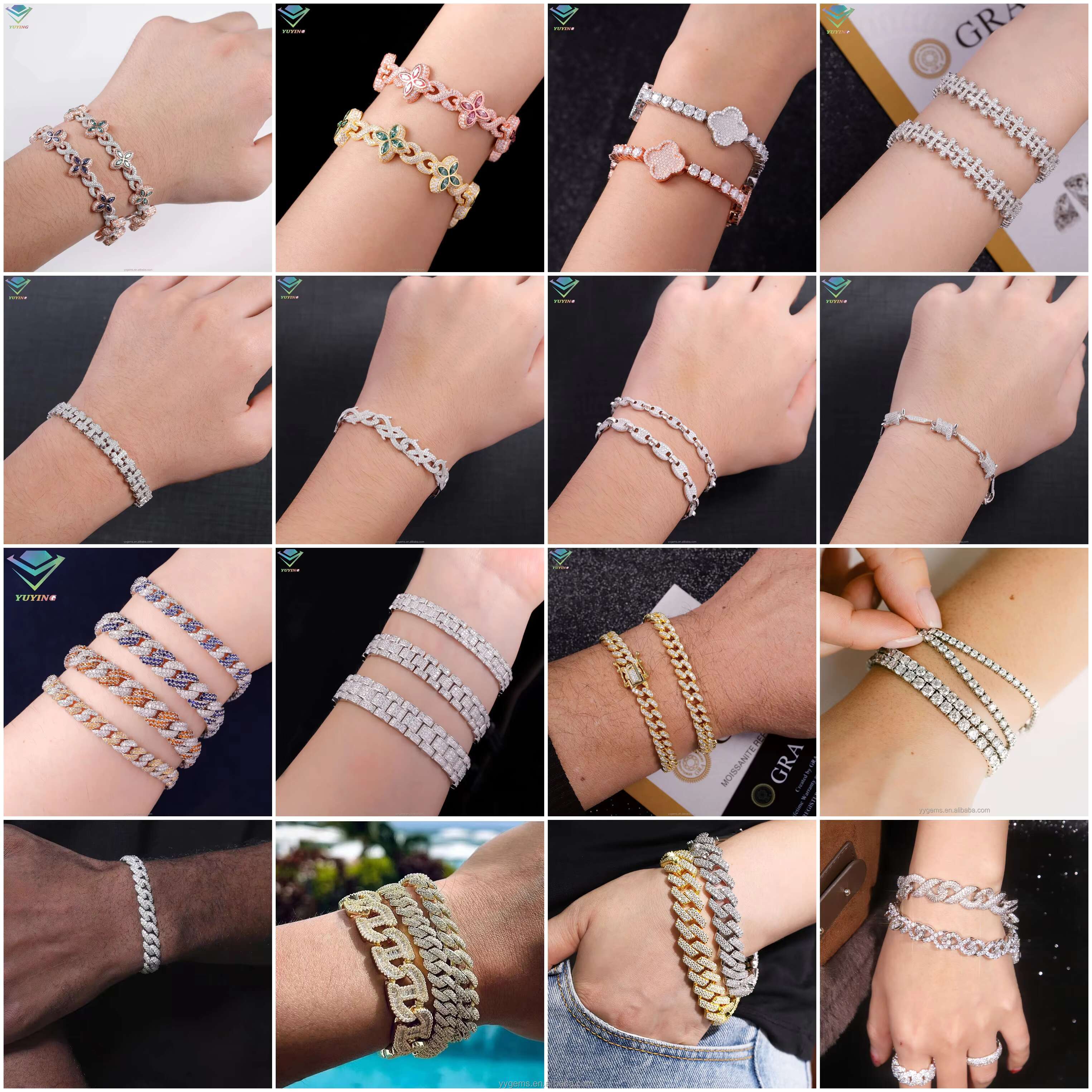 Mossanite Hip Hop Jewelry 8mm-15mm 925 Sterling Silver Pass Diamond Tester VVS Moissanite Iced Out Cuban Link Bracelet for Mens