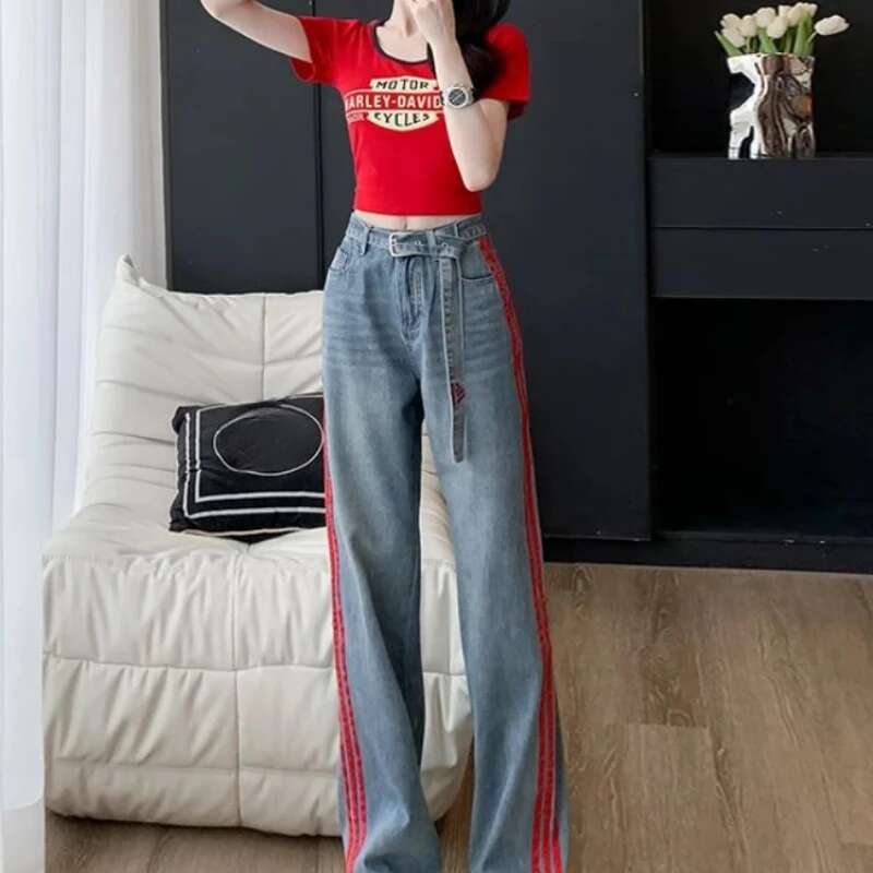 Loosefit Female Cowboy Pants with Print Womens Jeans Grunge Y2k Emo 90s Streetwear Trend 2025 Wholesale Shiny Vibrant Trousers