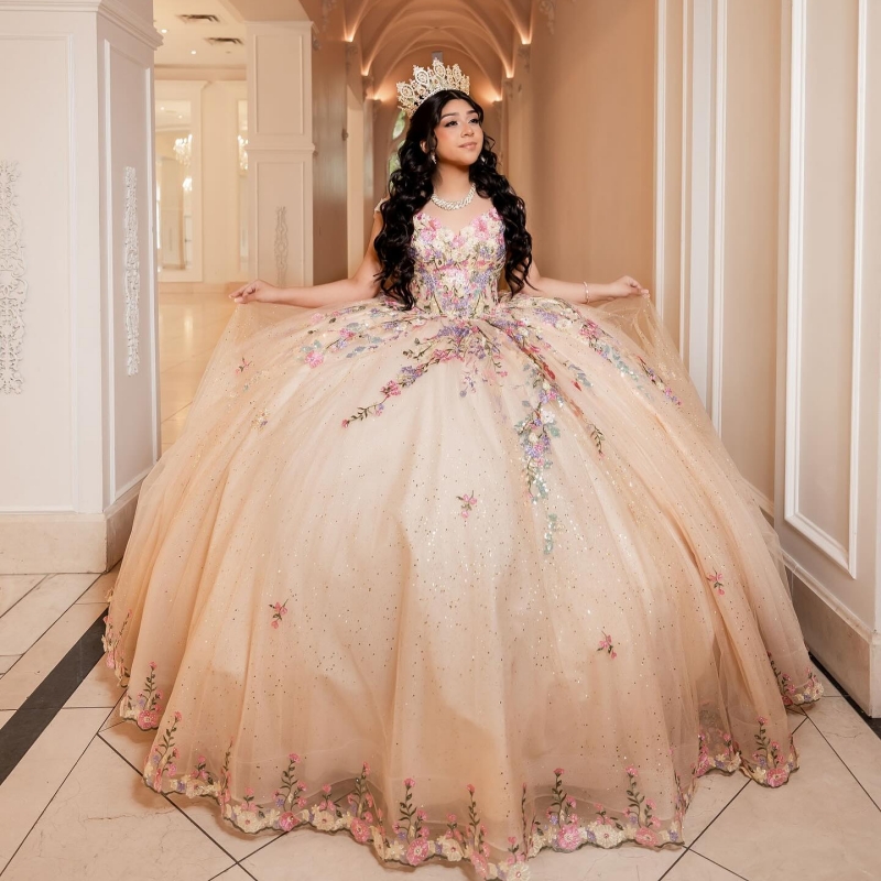 Champagne Quinceanera Dresses Ball Gown Off The Shoulder Applique Lace Beading Tull Sweet 16 Dress Vestidos 15 De Anos