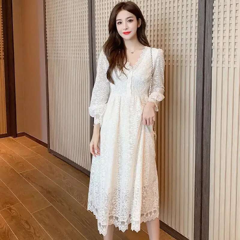 Hollow Womens Long Sleeve Dresses Midi Spring Autumn 2025 Chic and Elegant Female Dress Pretty A Line One-piece Casual Youth X