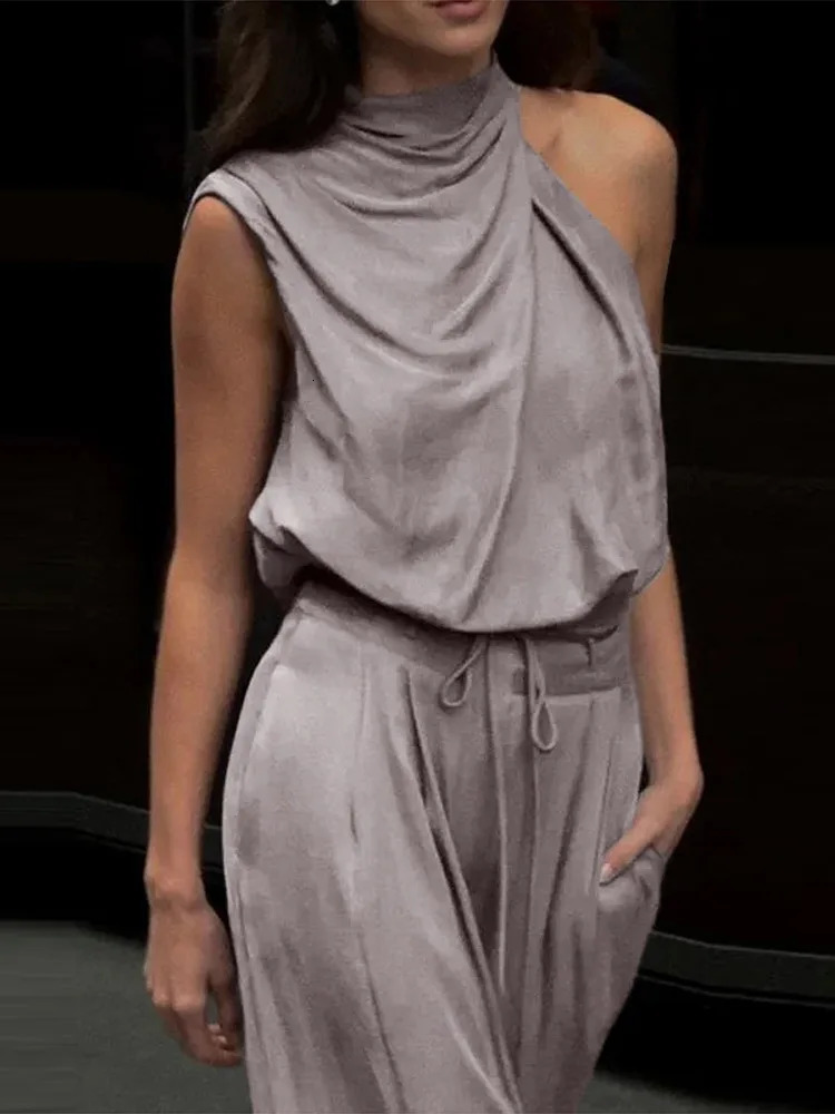 Solid Smooth Satin Two Piece Sets One Shoulder Sleeveless Shirts Lace Up Wide Leg Pant Female Summer Casual Loose Set 2025 250616