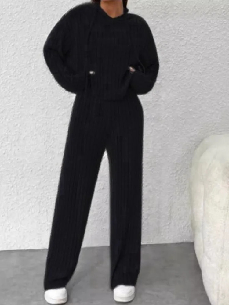Spring Autumn Womens Solid Color Casual Knitted Striped Hooded Sweatshirt Loose Long Sleeved Long Pants Two-piece Set 250614