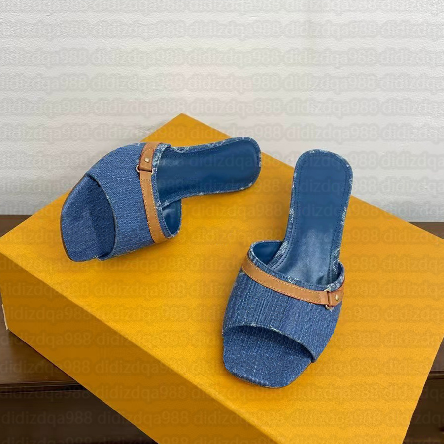 Designer Sandals Women Revival Mule Denim Heels Round Toe Stiletto Sandals Lady Summer Flip-Flops Embroidered Leather Heels Designer Women