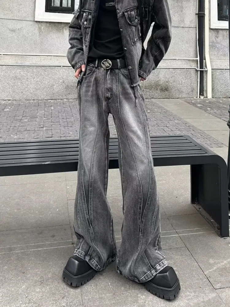 2025 Trashy Y2K Streetwear Washed Grey Baggy Stacked Flare Jeans Pants Men 90S Vintage Clothes Hip Hop Male Long Trousers 250616