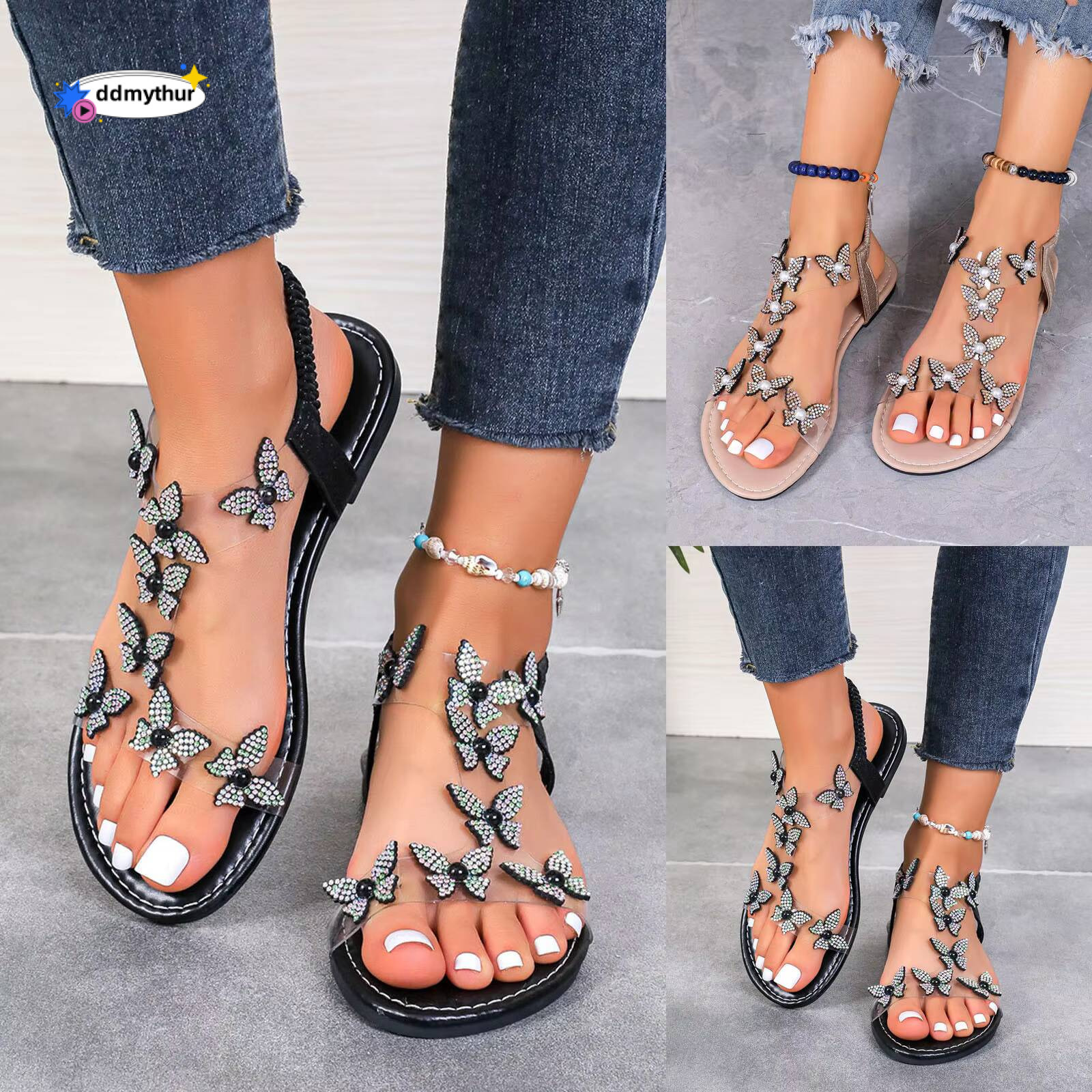 Sexy Ladies Summer Rhinestone Butterfly Trim Pearls Flat Bottom Sneaker Sandals For Women Platform 2024 ddmythur