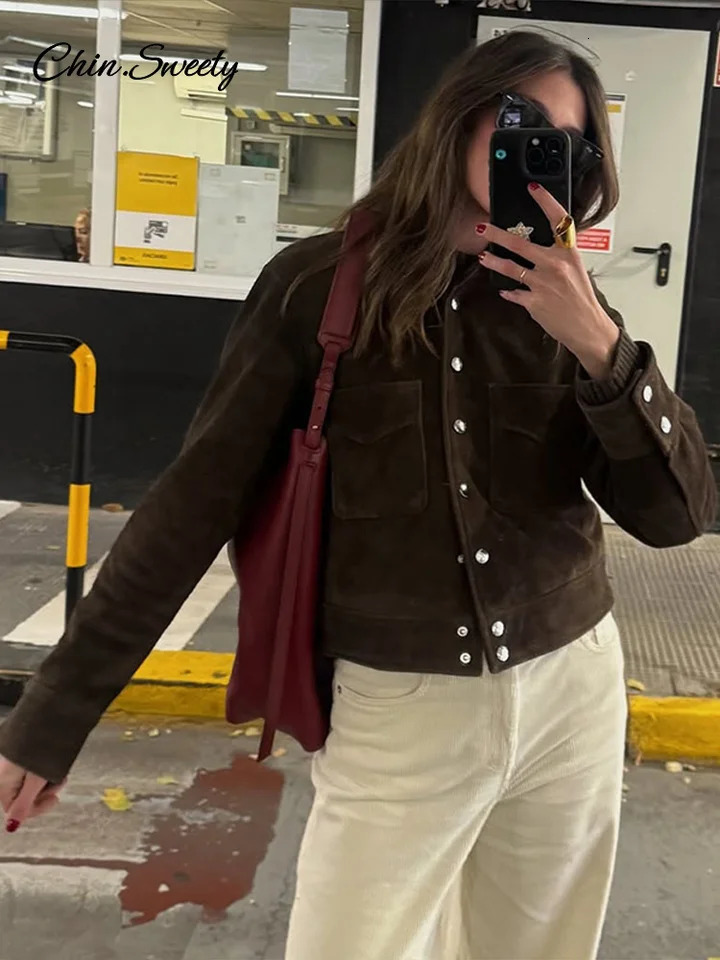 Fashion Womens Brown Jacket Brown Long Sleeve Turndown Collar Button Pocket Shoulder Pad Short Coat Spring Lady Vintage Outwear 250614