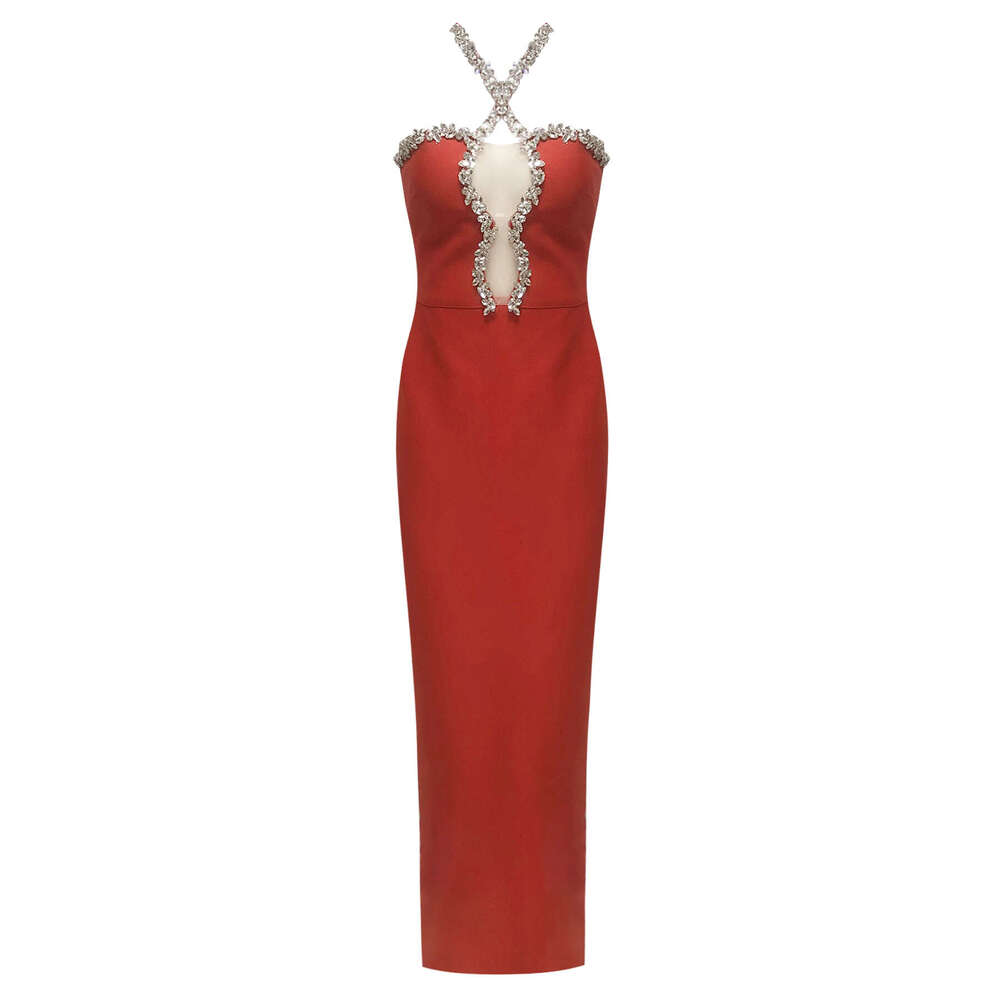 Luxury Heavy Craft Diamond-Studded Halter Neck Slim Bandage Split Long Sexy Socialite Elegant Evening Show Dress