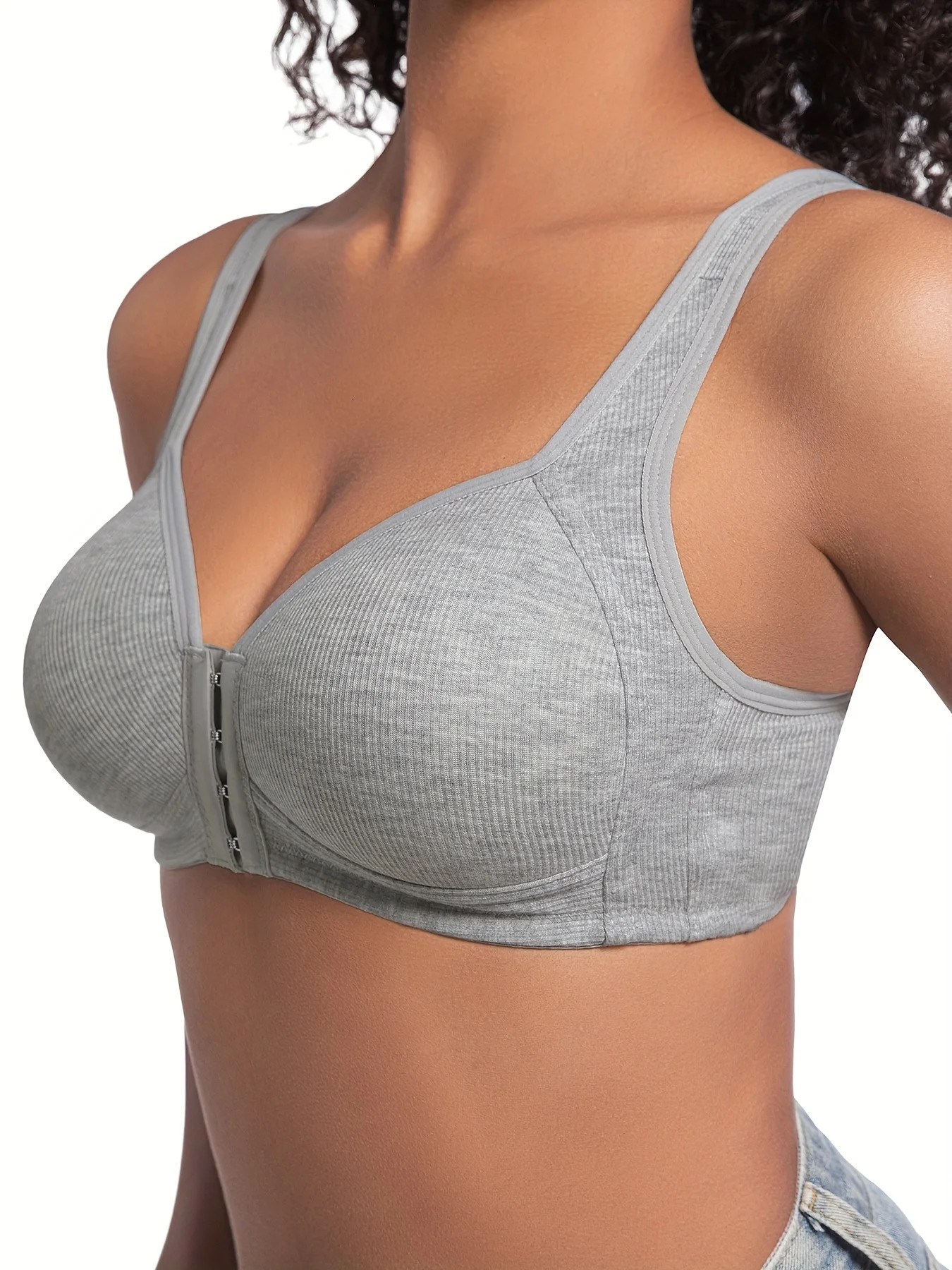 Womens Bra Wire-Free Front Closure Solid Color Full Coverage Fixed Cups More Considerate for Middle-Aged And Elderly Individual 250617