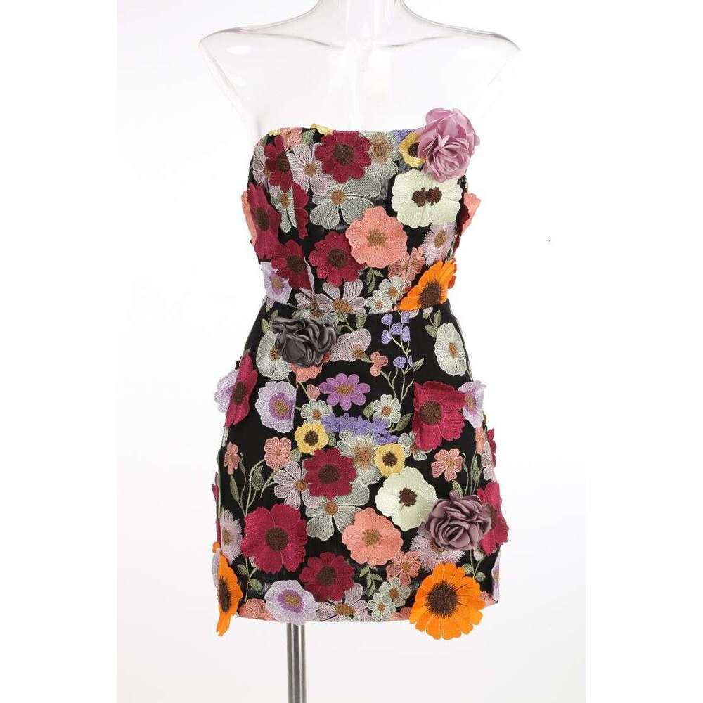 High-end Women's New Sexy Slim Fit Strapless with Floral Decoration A-line Dress for Banquet Evening Gown