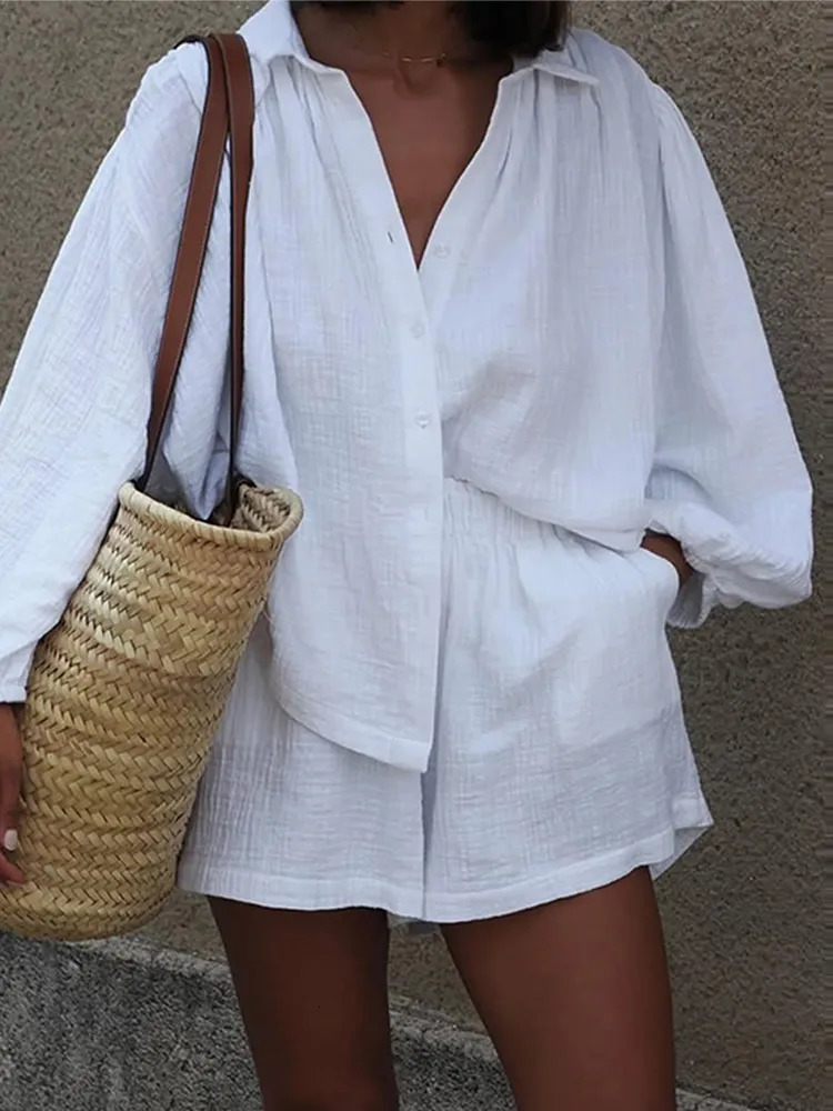 Solid Cotton Linen Button Shirt Set For Women Casual Elastic Waist Wide Leg Short Pants Suit 2025 Summer Daily Commute Outfit 250614