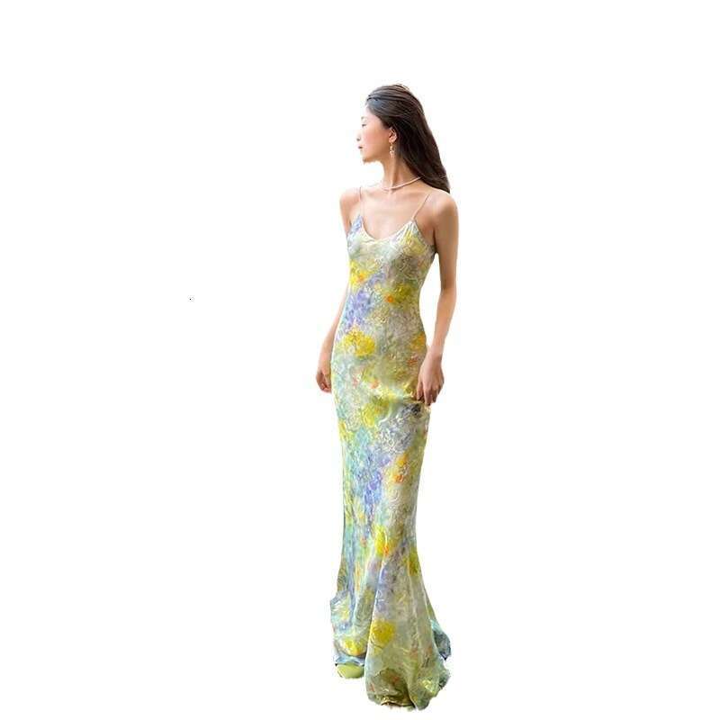 Bodysuit Birthday Dress Goth Dresses for Woman Party Women Dresses 836 Summer New 2025 Silk French Style Art Oil Painting Strap Long Vacation Dress