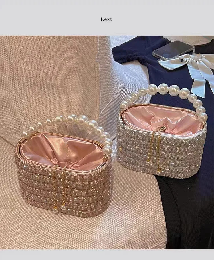 Crystal Metal Evening Clutch Bags Women Boutique Pearl Handle Shiny Color Blocking Rhinestone Purses And Handbags Bridal Wedding 250614
