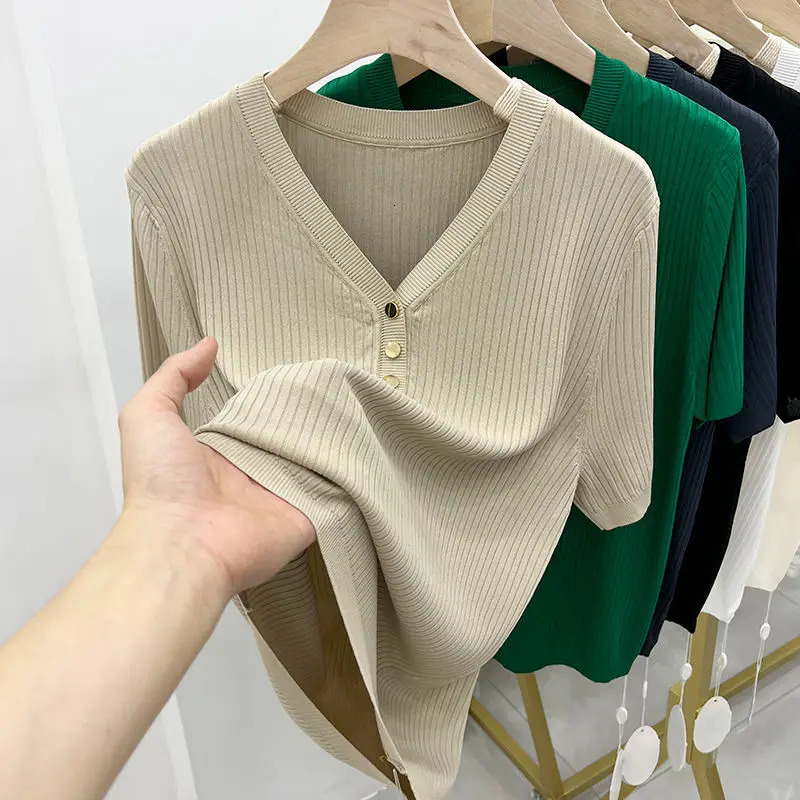 Womens Ice Silk Short Sleeves V Collar Knitting Wild Elastic T-Shirt Loose High Street Thread Thin Buttons Short Sleeve T-shirt 250614