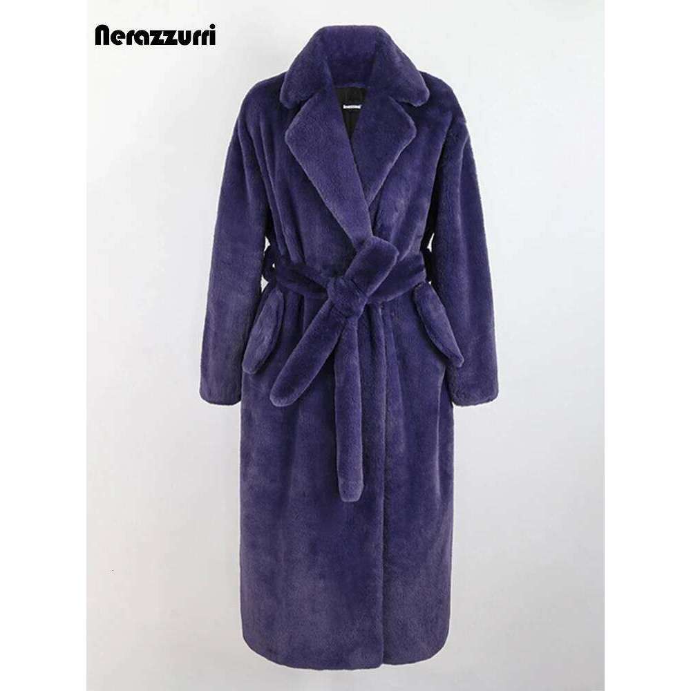 Nerazzurri Winter Long Purple Black Green Fluffy Thick Warm Faux Fur Coat Women Sashes New Arrival 2022 Furry Overcoat
