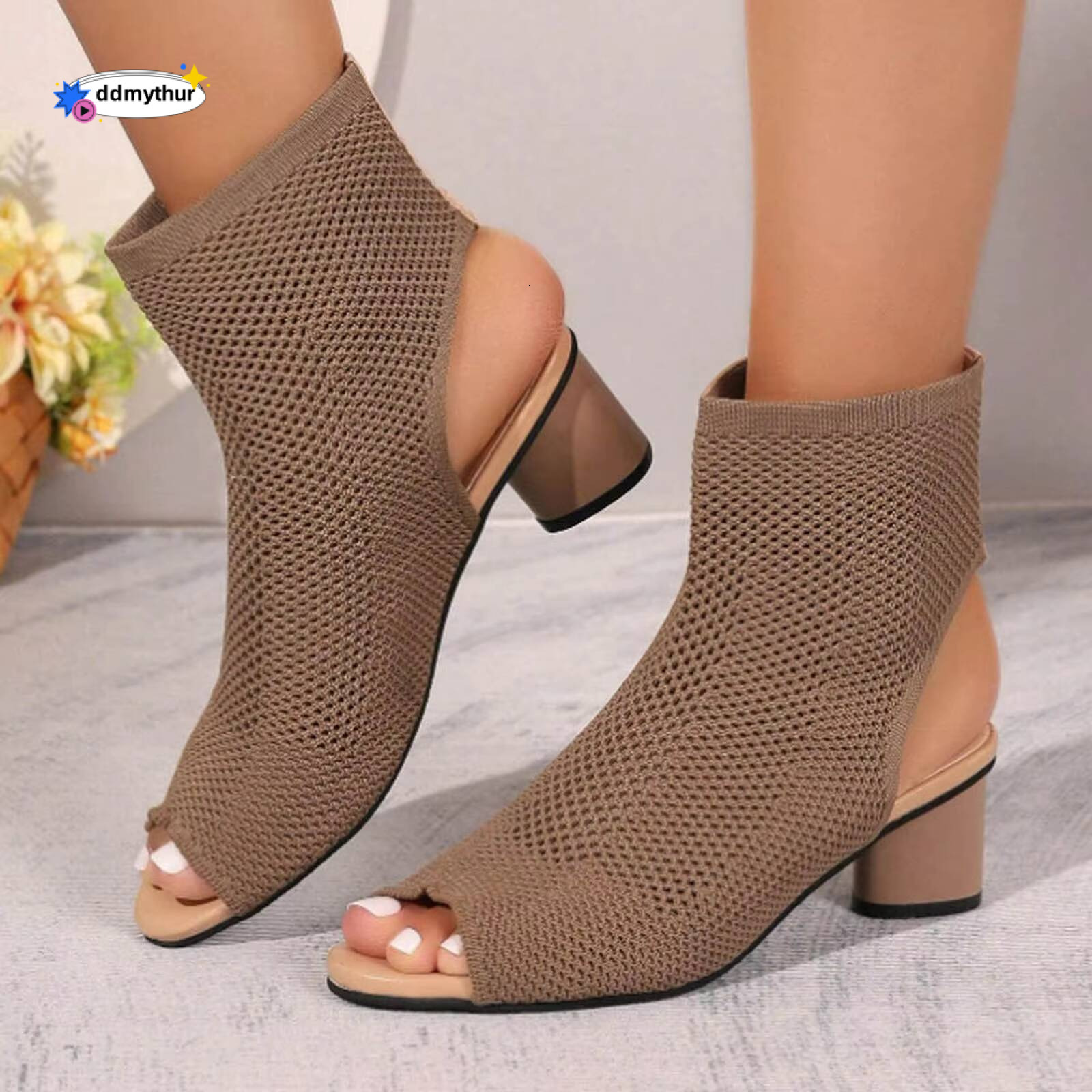 Summer Casual Slip On Ankle Boots Sexy Womens High Heels Shoes Knit Chunky Heel Open Pointed Toe Slingback Heeled Sandals ddmythur