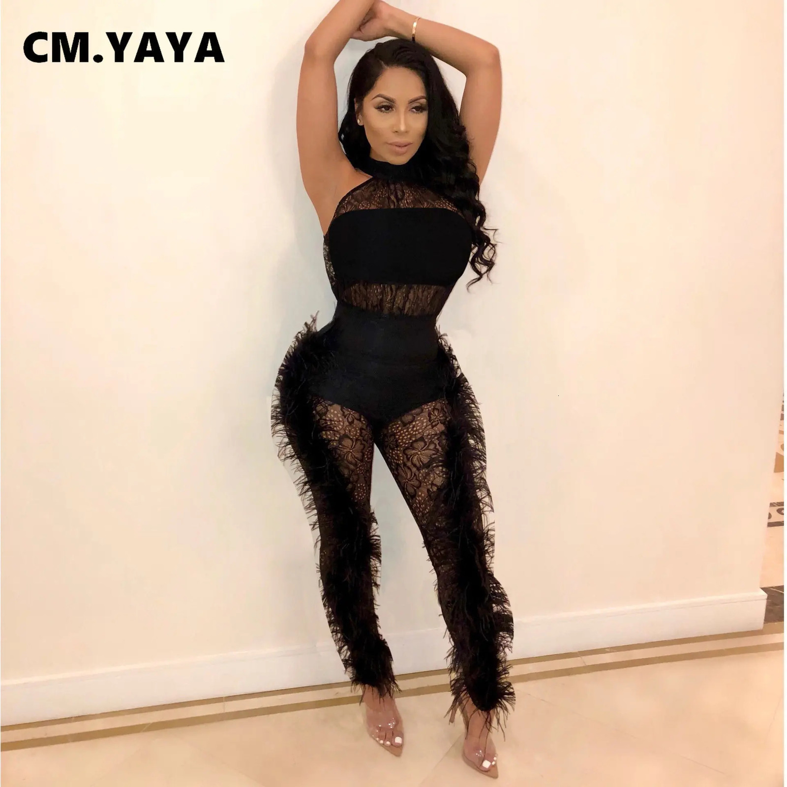 CM.YAYA Fashion Women Sleeveless Lace See Though Fur Side Skinny Stretchy Jumpsuit Streetwear Sexy One Piece Suit INS Playsuits 250616
