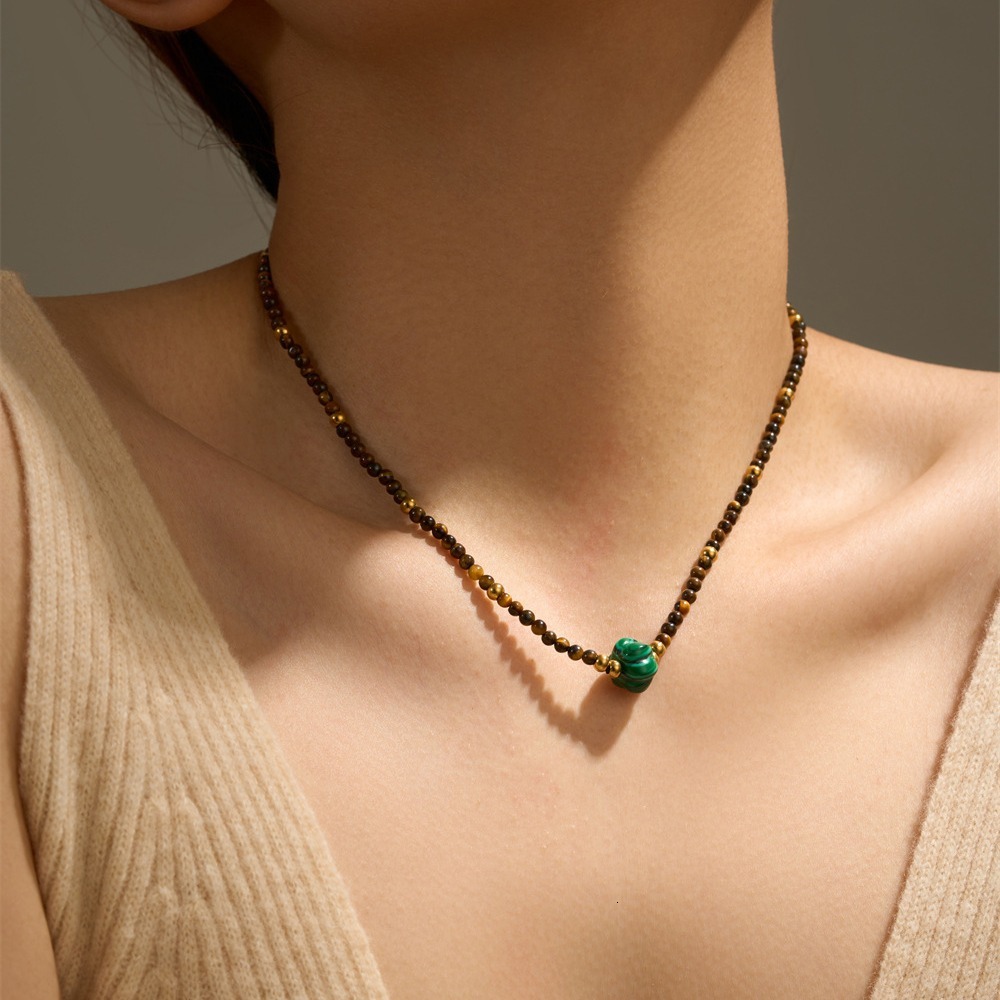 Bohemian Style Simple Fashion Versatile Personality Turquoise Beaded Necklace for Women Unique Design Titanium Steel Jewelry