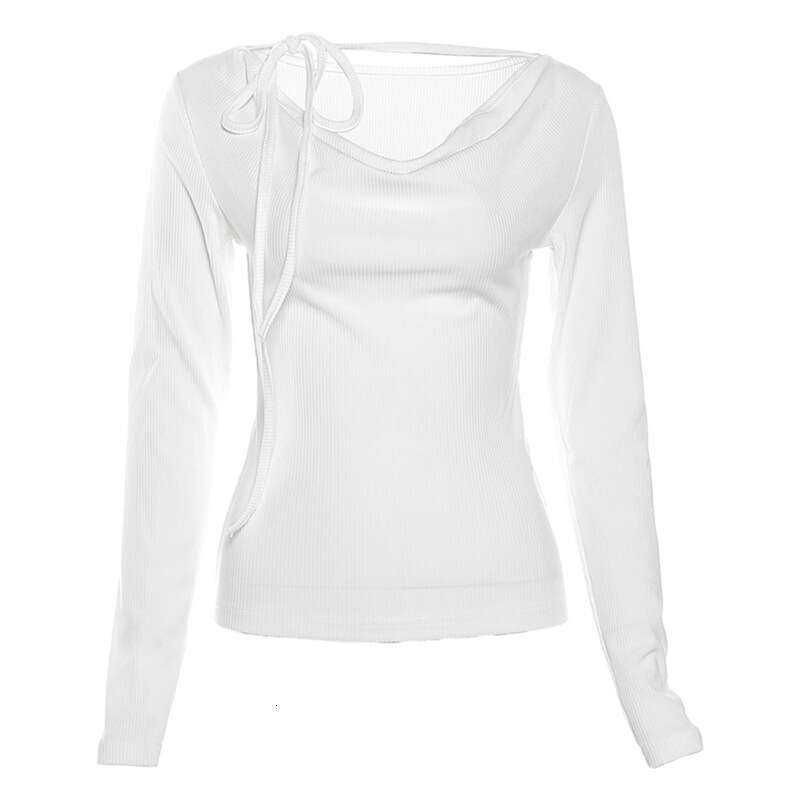 Summer New Women's Solid Color Slim Fit Fashion V-Neck Long Sleeve Tie T-Shirt B5