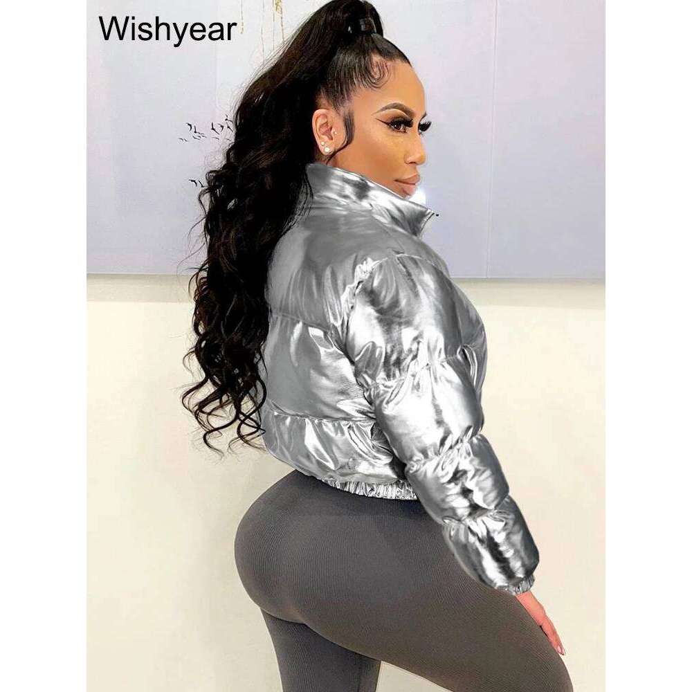 Metallic Siery Shiny Puffer Parka Cropped Jacket Women Long Sleeve Stand Collar Zip Up Winter Warm Coat Street Outerwear New