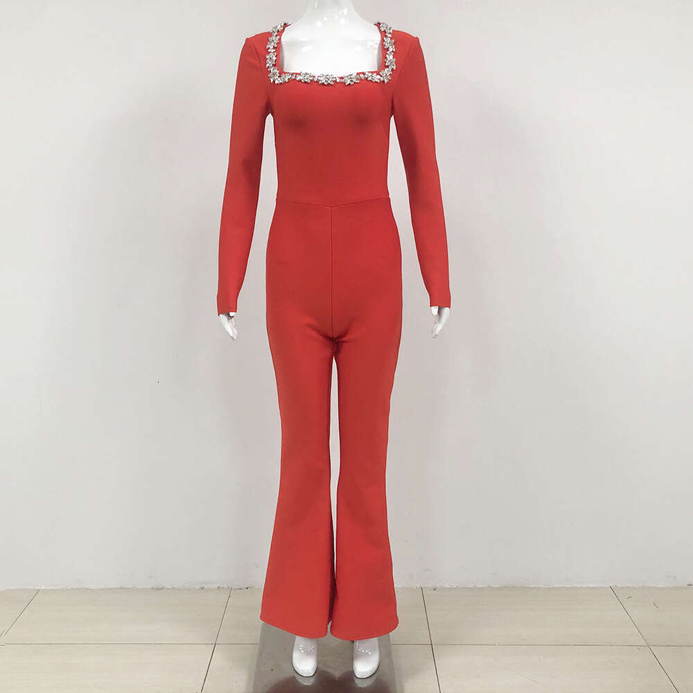 New Fashion Sexy High-Waisted Slim Fit Solid Color Jumpsuit with Rhinestones and Hollow Out Design
