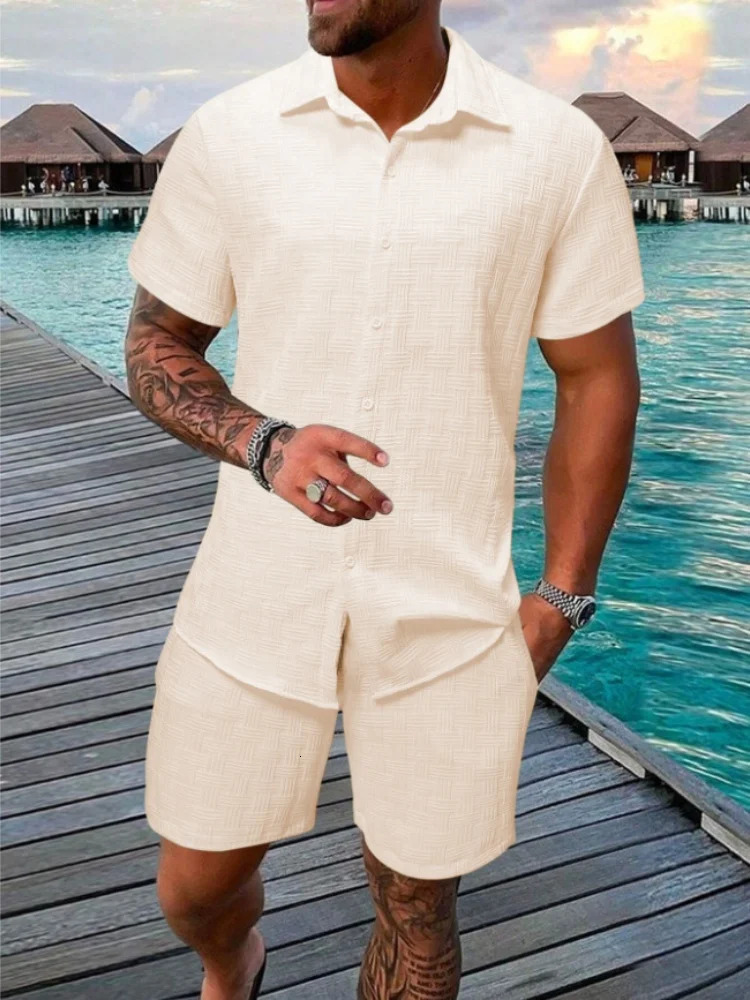2025 Summer Mens casual daily outdoor travel solid color jacquard lapel short-sleeved Shirt drawstring Shorts two-piece Set 250616