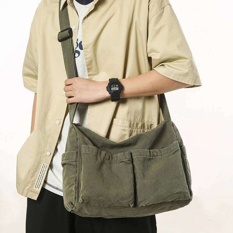 Large Capacity Canvas Workwear Bag 100% Cotton Solid Shoulder Hongkong Style Cloth Satchels New In 2025 Lazy Messenger Bags