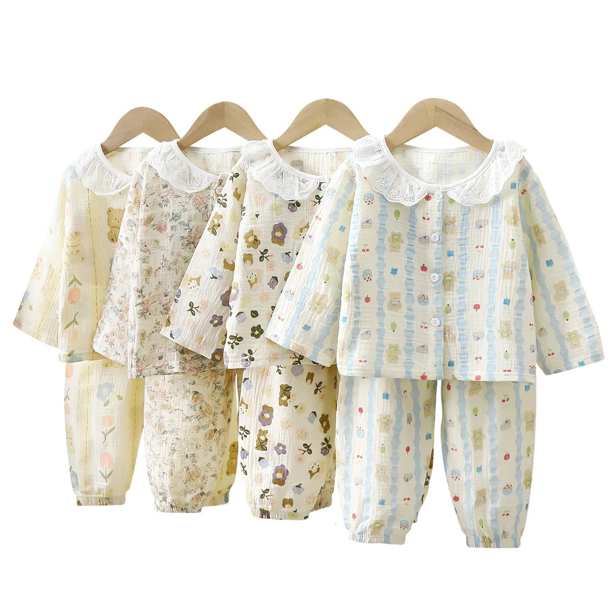 Girls Summer Cotton Gauze Thin Pajamas Home Wear Cartoon Floral Print Long Sleeve Lace Trimmed Sleepwear Baby Clothing Set 250617