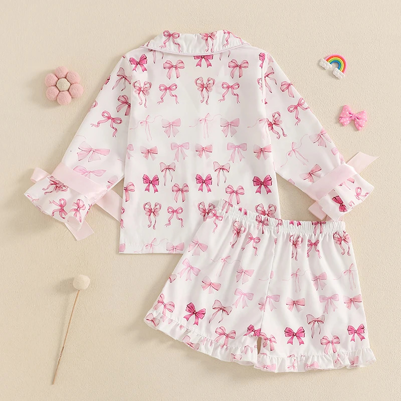 Pudcoco Kid Girl Summer Pajamas Set Bow Print Long Sleeve Button Down Tops with Ruffled Shorts Sleepwear 1-8T 250617