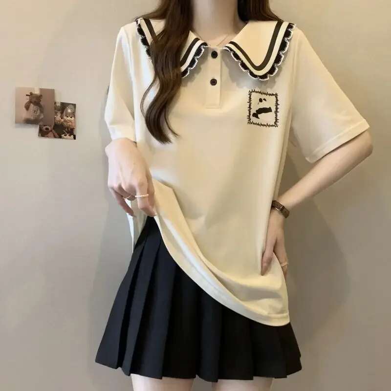Summer Outfit Polo Neck T Shirt for Cute Women Woman Tshirt Womens Short Sleeve T-shirt Korean Clothing Popular Clothes Tee
