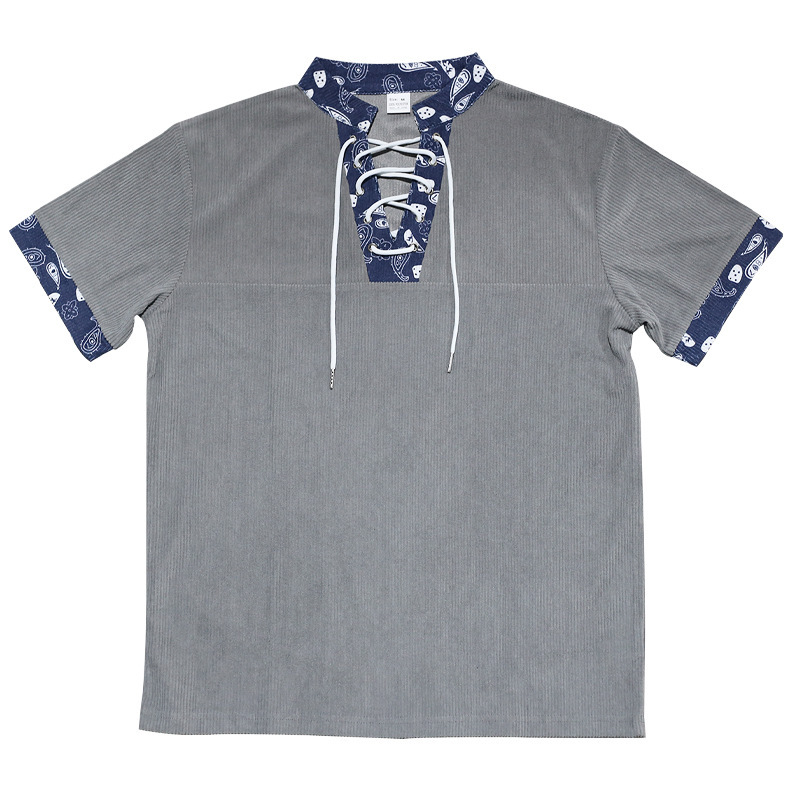 Fashion t shirt mens Amekaki Men's corduroy fitted short-sleeved casual V-neck strappy T-shirt European code: S-3XL