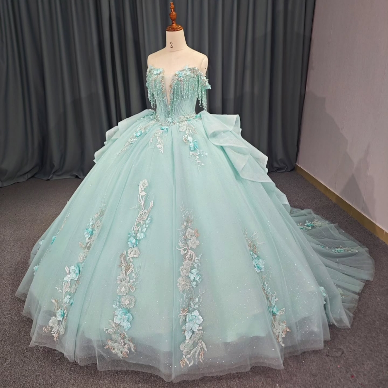 Mint Green Quinceanera Dresses Ball Gown Off The Shoulder Applique Flower Beading Crystal Tull Sweet 16 Dress Vestidos 15 Anos