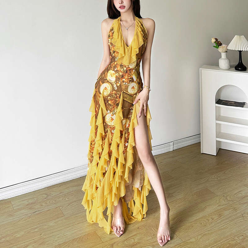 Summer New Sexy Ruffle Vacation Style Halter Neck Strap Dress For Women B5