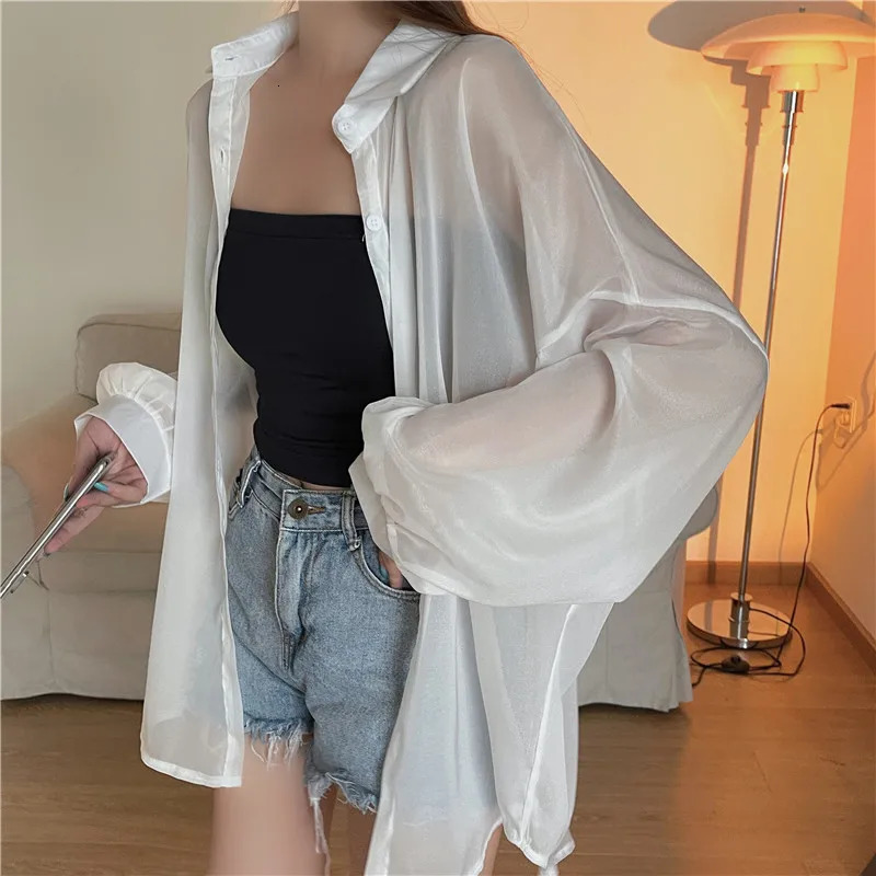 Semi Sheer Long Sleeve Shirt for Women Shimmer Button Down Collared Plain Lightweight Shirt Spring Summer Chic Tops Outfit 250616