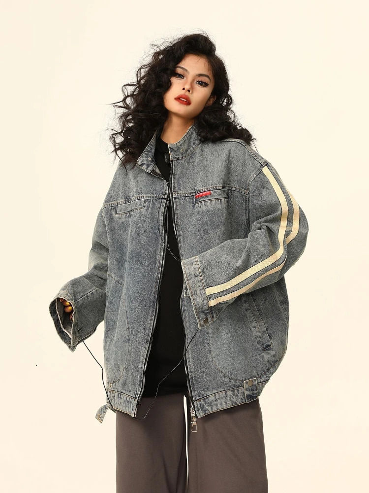 American Streetwear Denim Jackets Casual Loose Zipper Pockets Stand Neck Solid Color Coats Vintage All Match Women Clothing 250613