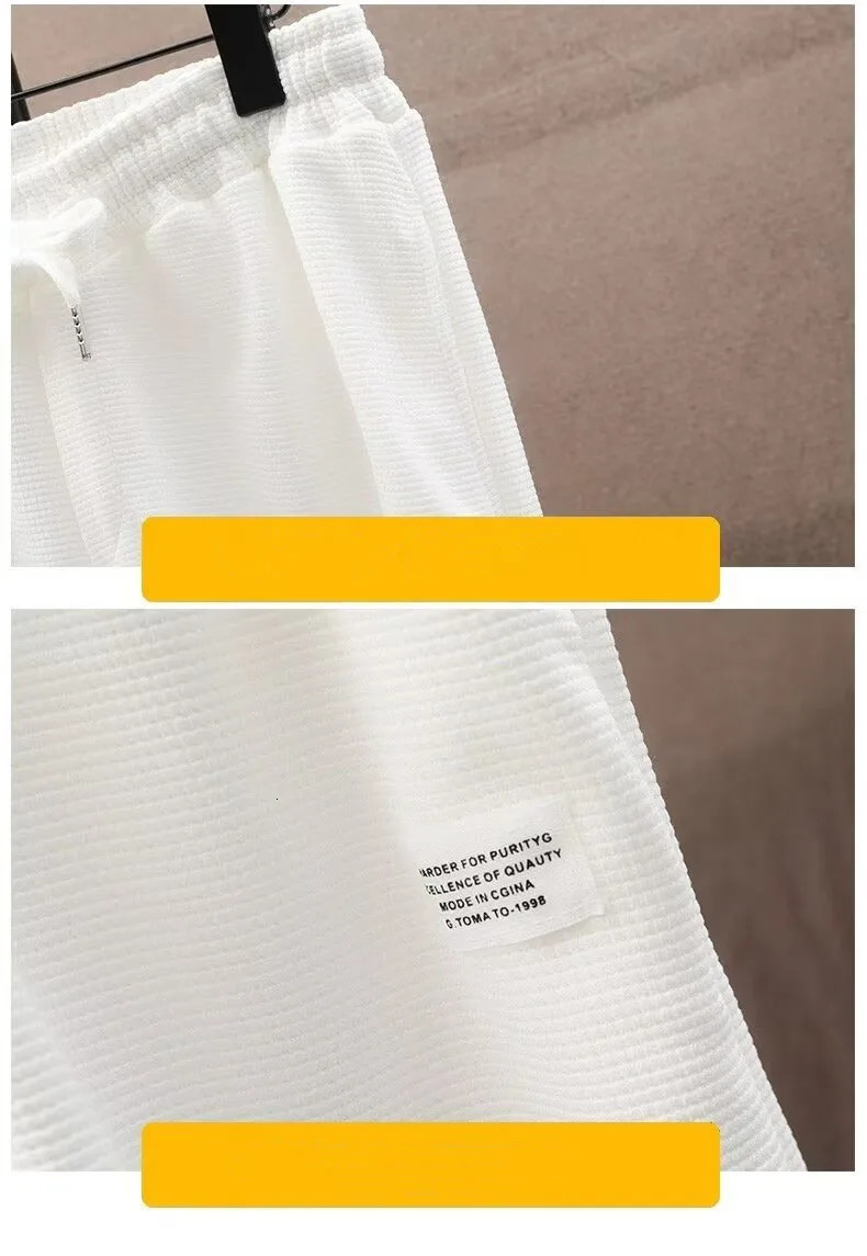 A Set With Loose Suit Solid Color Mens T Shirt Summer Day Trend Ins Round Hem Shortsleeved Trousers Two Piece Breathable 250614