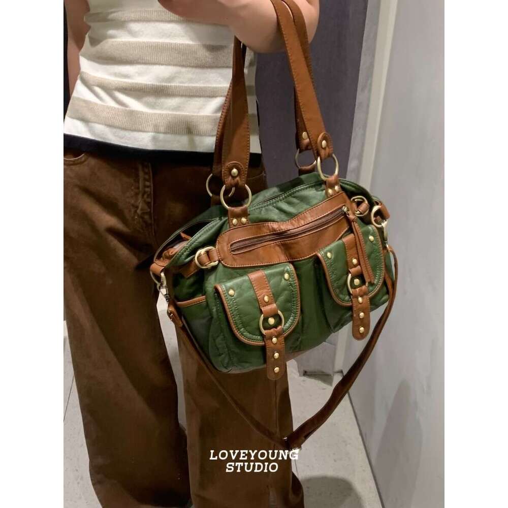 loveyoung Niche Design Multi pocket Large Capacity Vintage Tote Shoulder Crossbody Bag