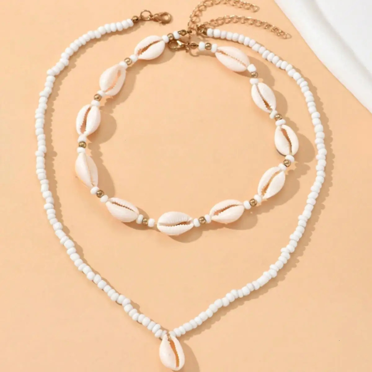 2Pcs Bohemian Shell Necklace for Women Beach Style Rice Beads Choker for Vacation 250616