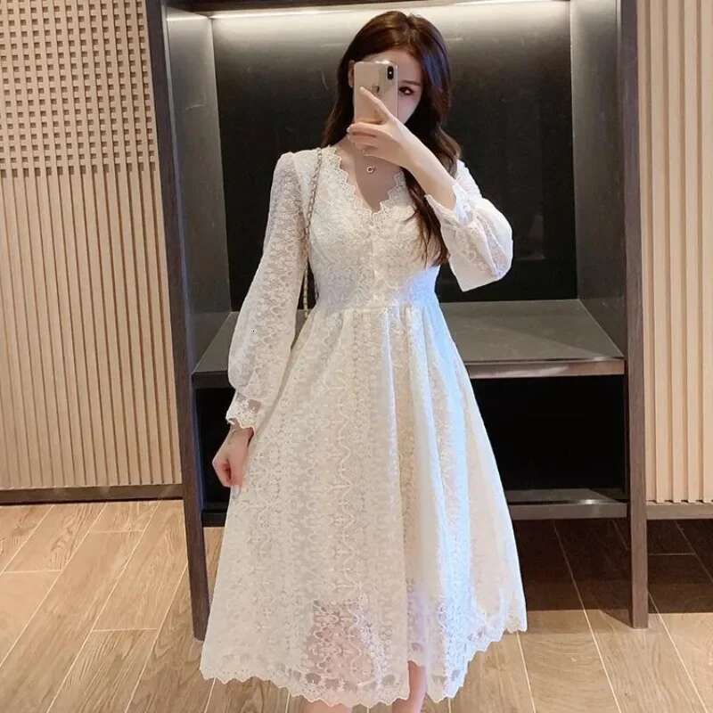 Hollow Womens Long Sleeve Dresses Midi Spring Autumn 2025 Chic and Elegant Female Dress Pretty A Line One-piece Casual Youth X