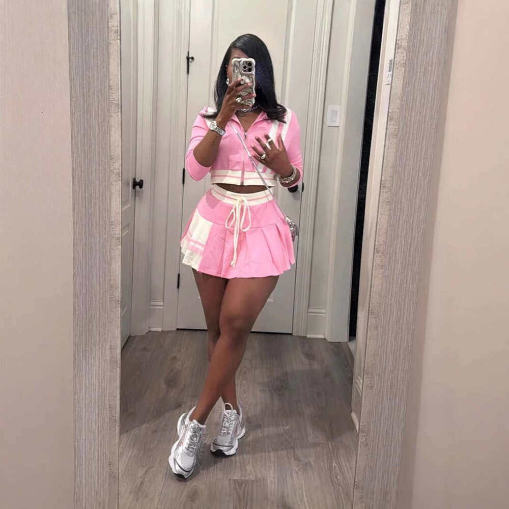 Spring Women's Street Style Color Block Jacket Top And Fashion Short Skirt Two-Piece Set For Women B5
