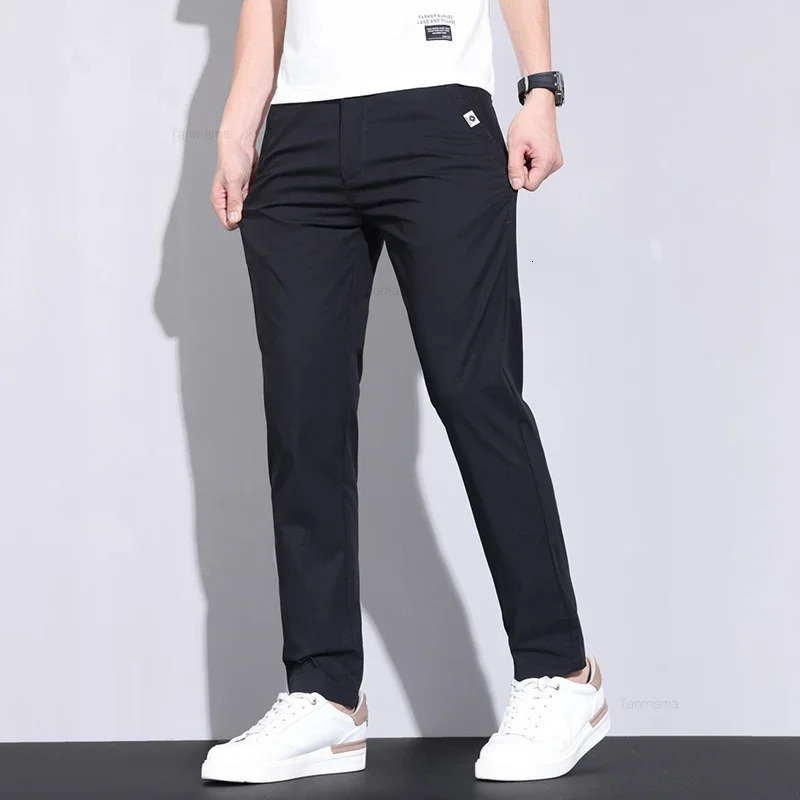 Ultra-thin Elastic Mens Casual Pants Summer Ice Silk Cotton Fashion Slim Straight Business Trousers Black Gray Khaki 250614