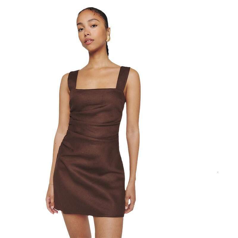 Black Dress Vestidos Elegantes Devise Goth 702 Summer New 2025 Solid Color Square Neck Linen Short Slim Fit Irregular Dress Fashion Simple Women