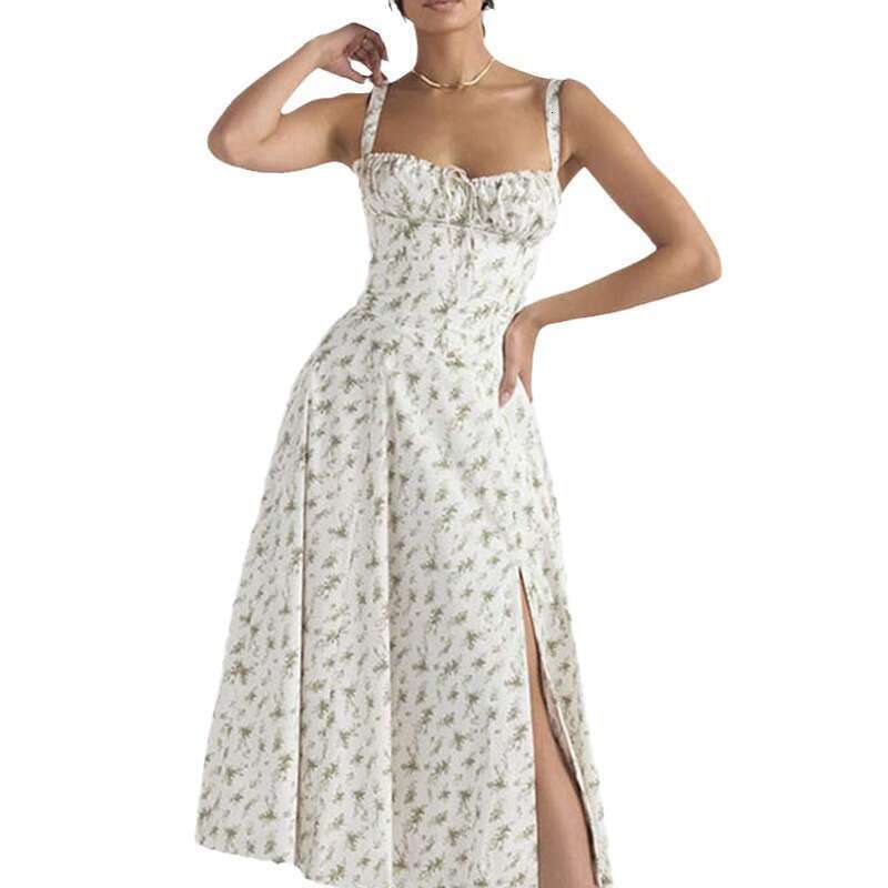 Women's French Style Elegant Floral Split Fashion Vacation Strap Dress B5