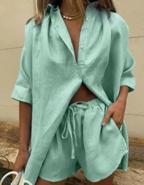 Fashion Solid Shirt Home Suits Casual Short Sleeve Tops Drawstring Shorts Two Piece Set Summer Women Button Loose Outfit 250616