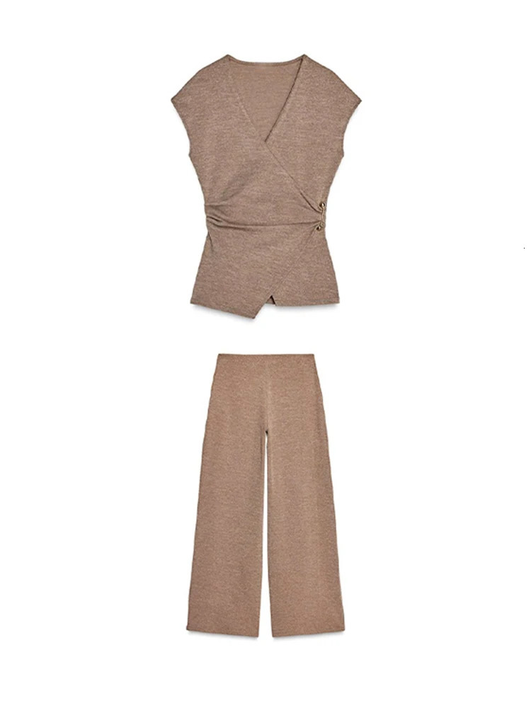 Pin Double Breasted V-neck Top Pants Womens Set Sleeveless Top Wide Leg Mid Waist Trousers Spring Summer Commuting Office Suit 250616